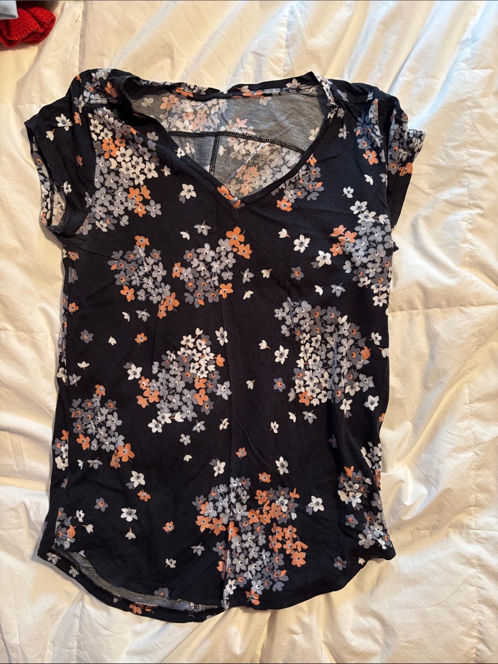 LOFT Black V-Neck Short Sleeve Floral Tee